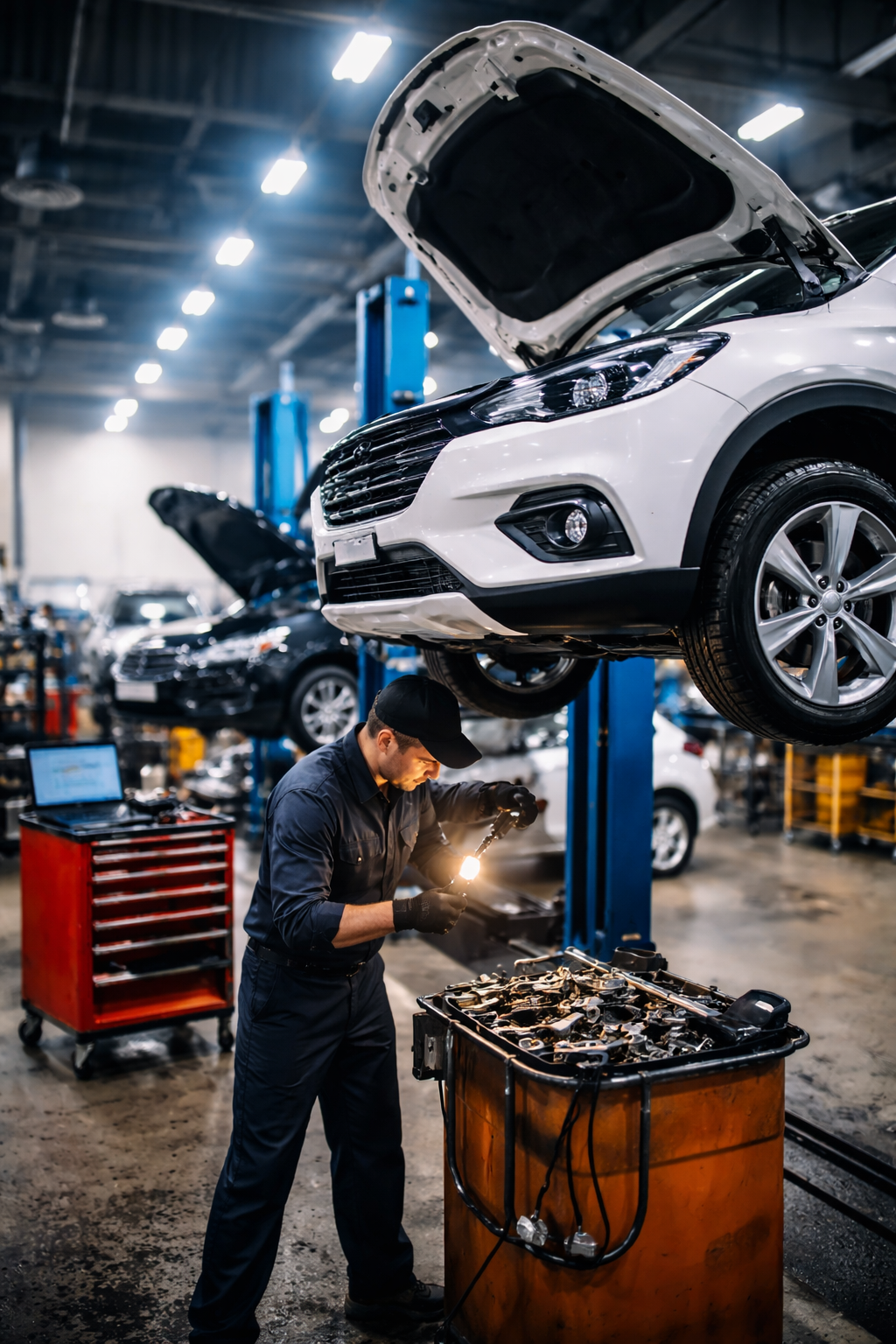 Auto repair shop with mechanic using tools
