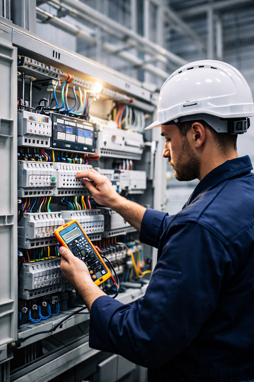 Electrician working on control panel
