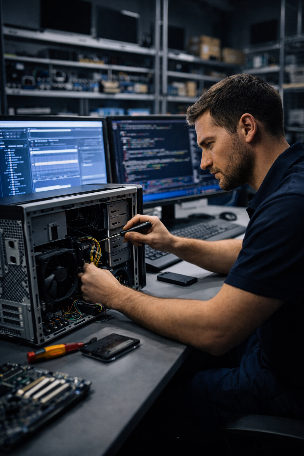 IT technician repairs desktop components