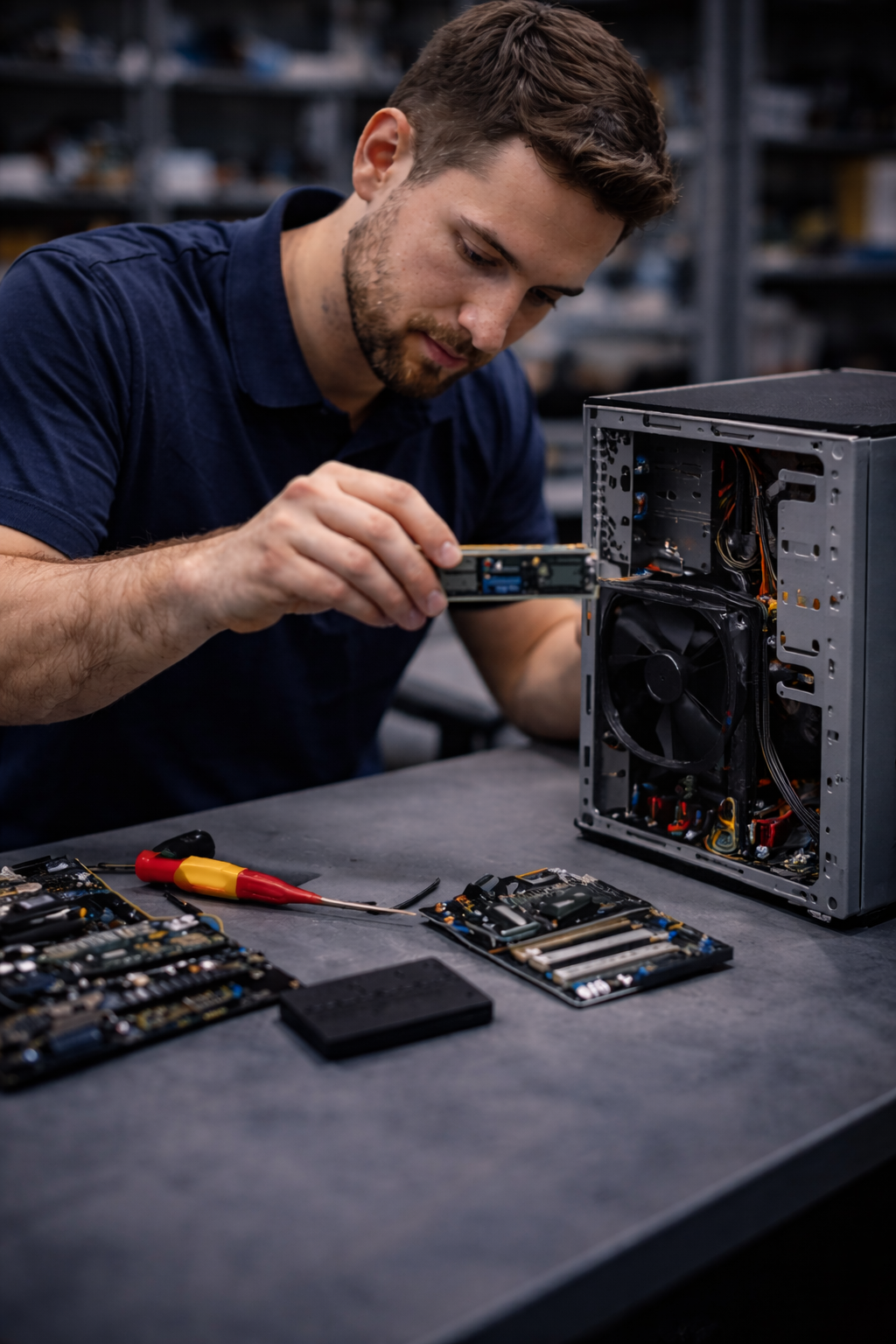 Technician installing RAM in computer tower