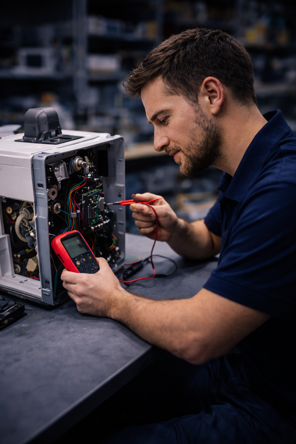 Technician repairs espresso machine internals