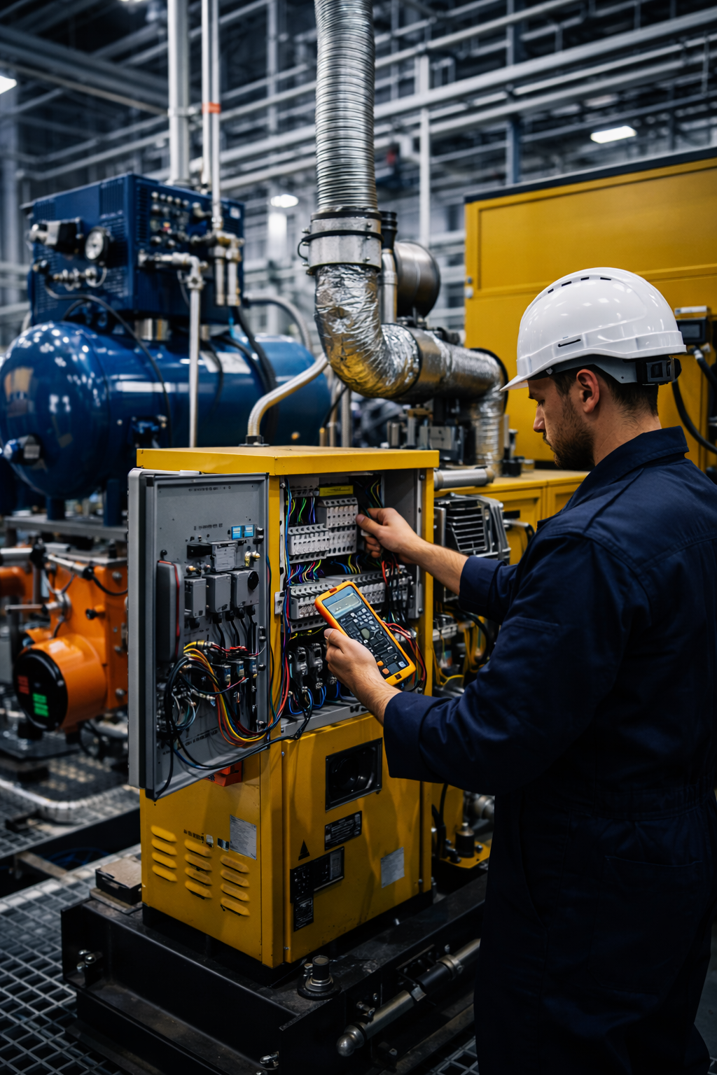 Technician servicing industrial power equipment